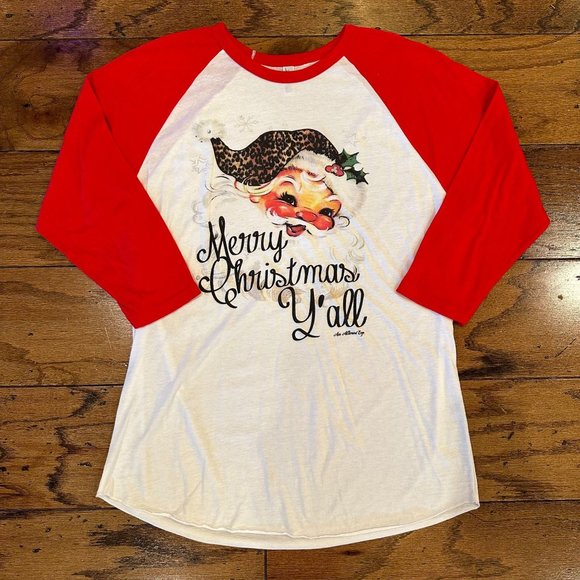 Large Ladies Merry Christmas Y'all Santa Leopard Baseball Tee - Picture 1 of 4